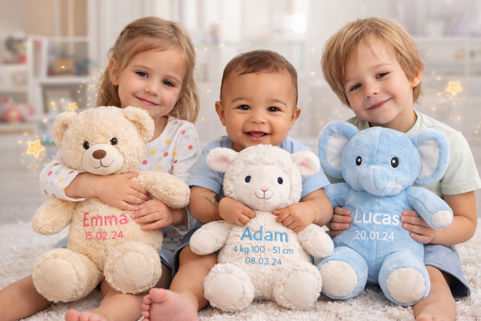 bébés avec peluches personnalisées prénom brodé cadeau naissance personnalisé doudou bébé