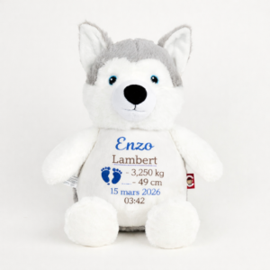 Peluche husky personnalisée avec broderie prénom bébé et informations de naissance