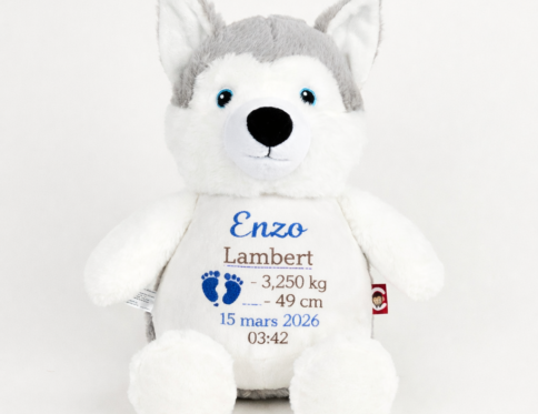 Peluche husky personnalisée avec broderie prénom bébé et informations de naissance