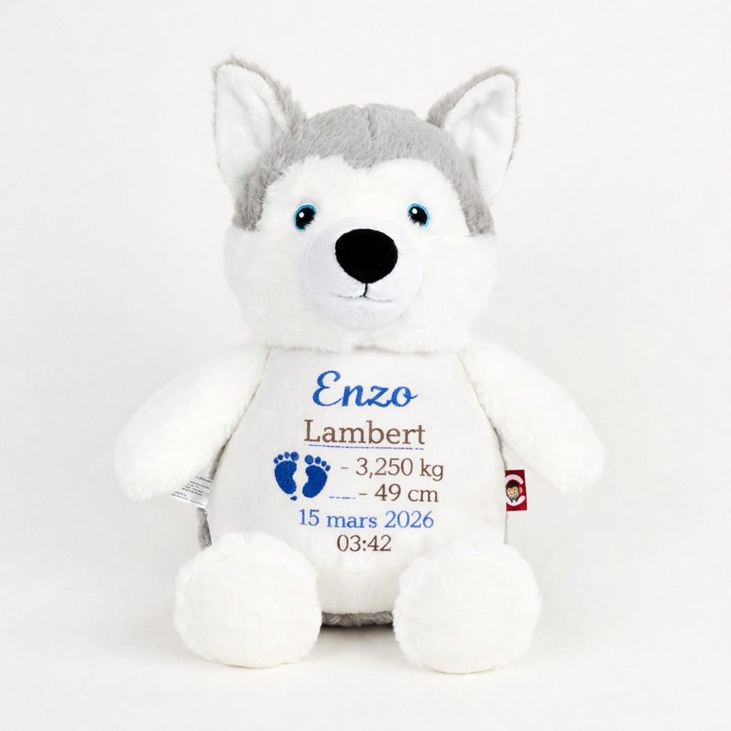 Peluche husky personnalisée avec broderie prénom bébé et informations de naissance