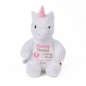 Peluche licorne personnalisée avec prénom brodé et informations de naissance bébé