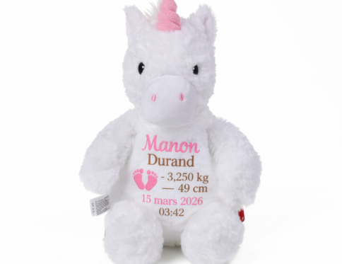 Peluche licorne personnalisée avec prénom brodé et informations de naissance bébé