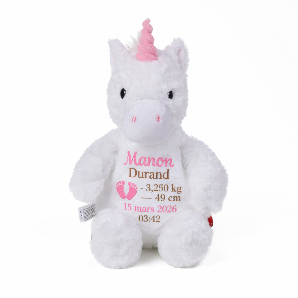 Peluche licorne personnalisée avec prénom brodé et informations de naissance bébé