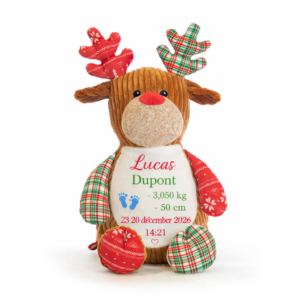 Peluche renne personnalisée avec prénom brodé et informations de naissance pour bébé