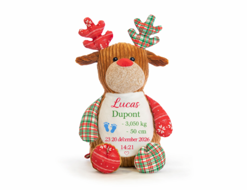 Peluche renne personnalisée avec prénom brodé et informations de naissance pour bébé