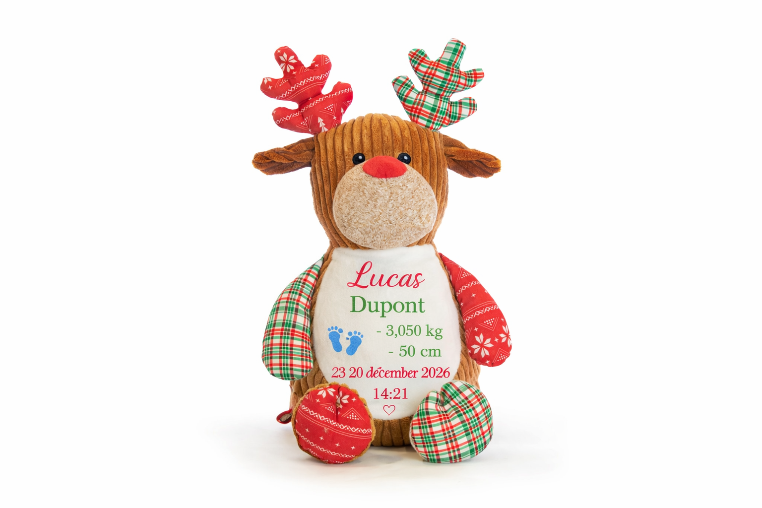 Peluche renne personnalisée avec prénom brodé et informations de naissance pour bébé