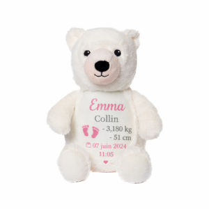 Peluche ours personnalisée avec prénom brodé et informations de naissance bébé