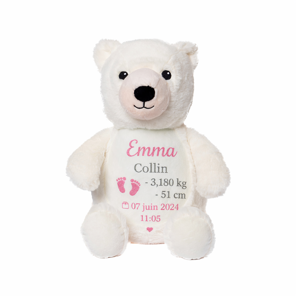 Peluche ours personnalisée avec prénom brodé et informations de naissance bébé