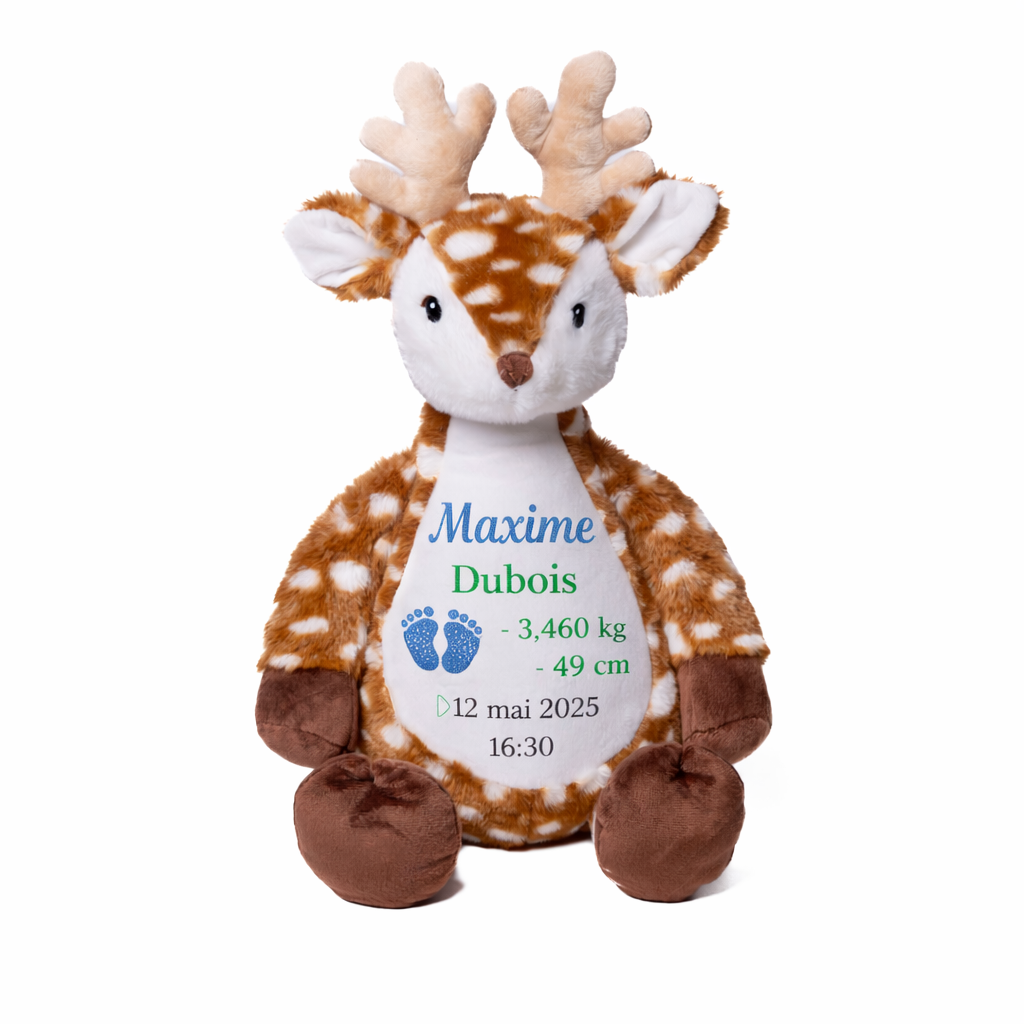 Doudou cerf personnalisé avec prénom brodé cadeau de naissance bébé