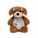 Peluche chien personnalisée avec prénom Samuel brodé et informations de naissance