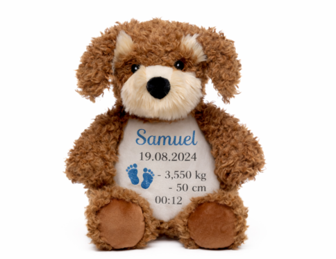 Peluche chien personnalisée avec prénom Samuel brodé et informations de naissance