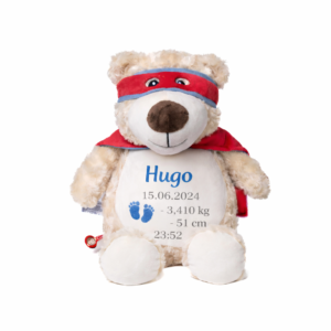Peluche ours super héros personnalisée avec prénom Hugo brodé et informations de naissance