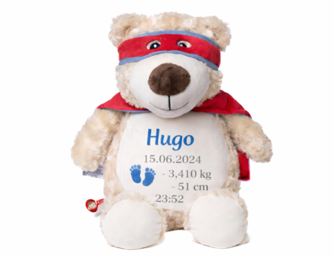 Peluche ours super héros personnalisée avec prénom Hugo brodé et informations de naissance