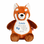 Peluche panda roux personnalisée avec prénom Louis brodé et informations de naissance