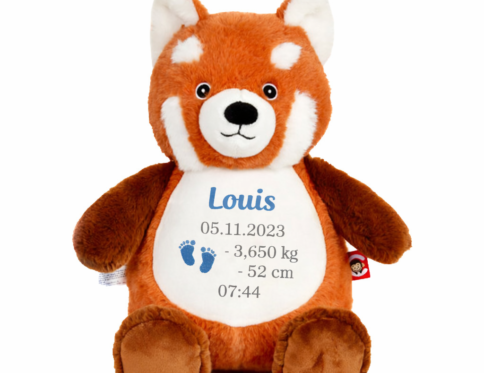 Peluche panda roux personnalisée avec prénom Louis brodé et informations de naissance