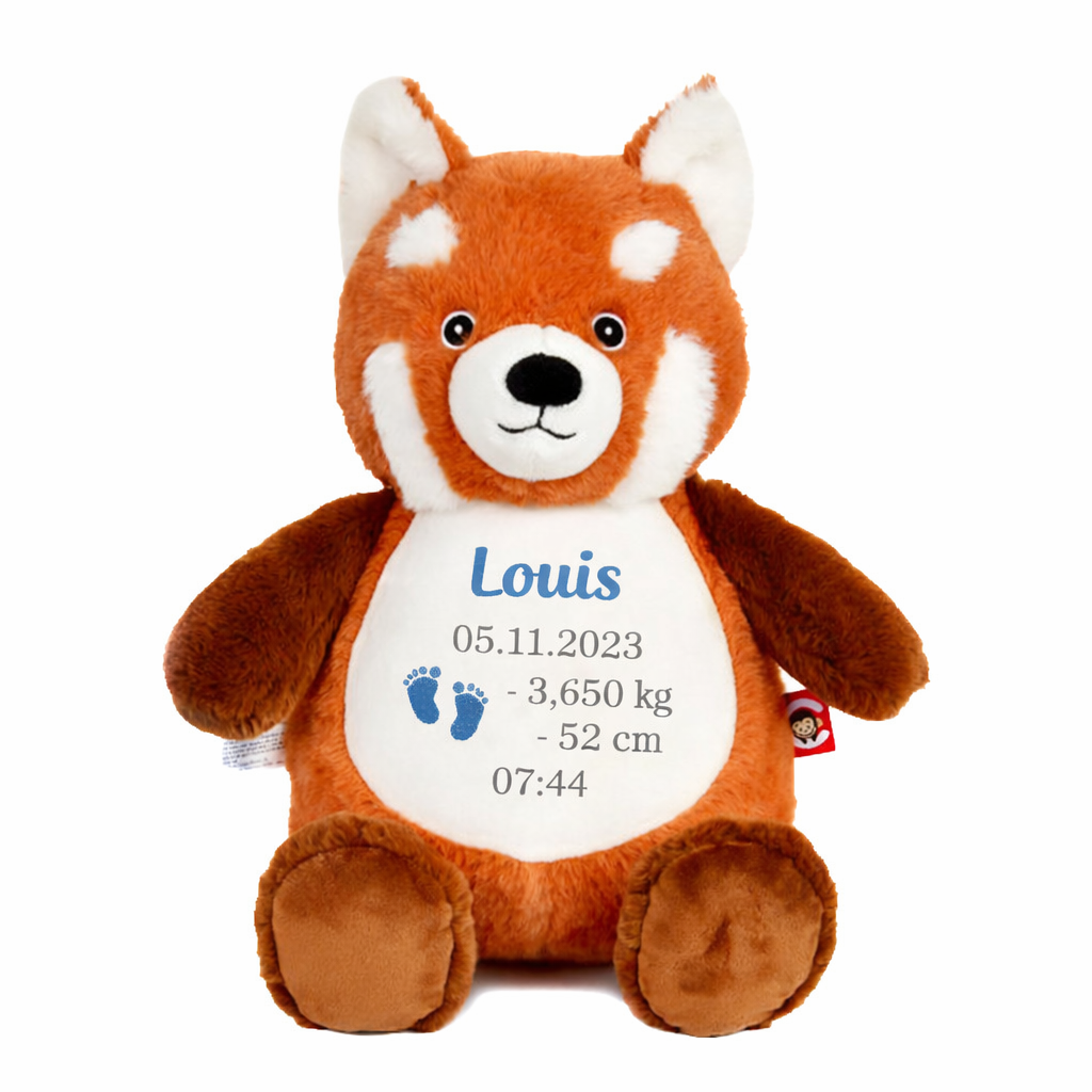 Peluche panda roux personnalisée avec prénom Louis brodé et informations de naissance