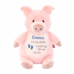Peluche cochon personnalisée avec prénom brodé et informations de naissance