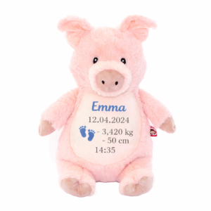 Peluche cochon personnalisée avec prénom brodé et informations de naissance