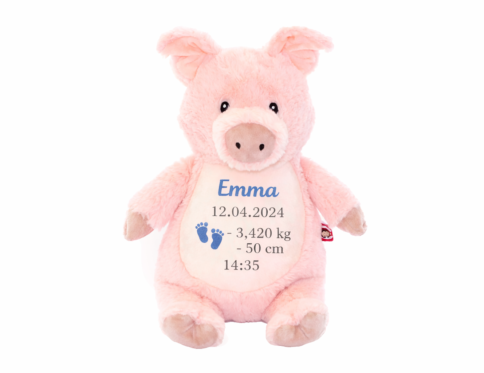 Peluche cochon personnalisée avec prénom brodé et informations de naissance
