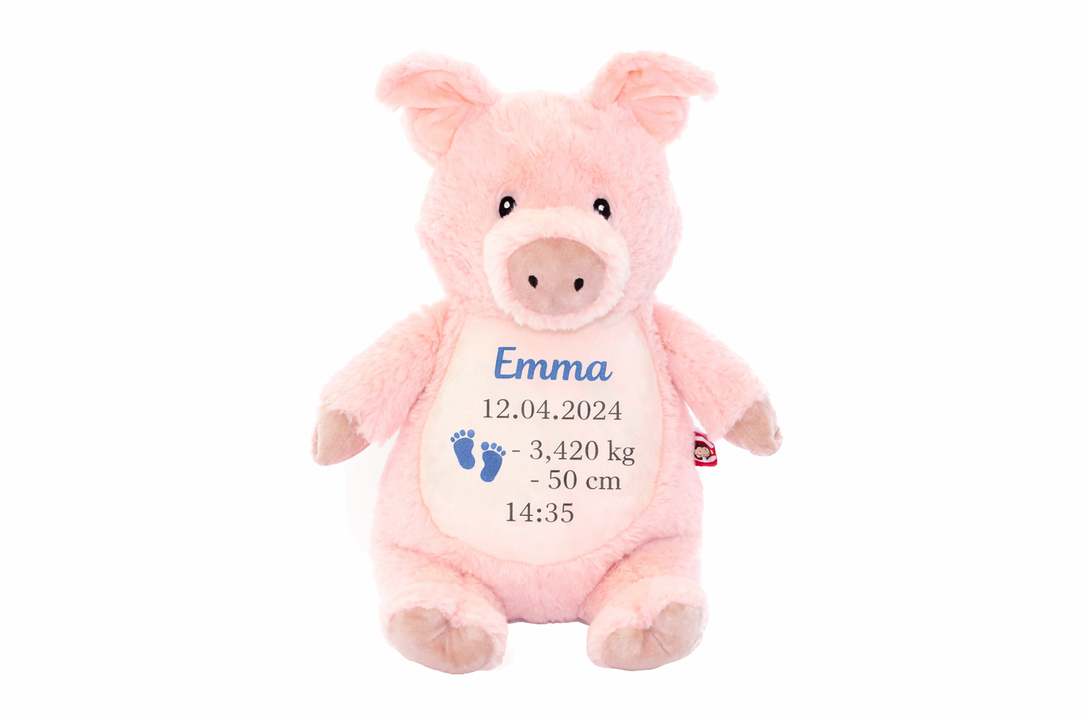 Peluche cochon personnalisée avec prénom brodé et informations de naissance