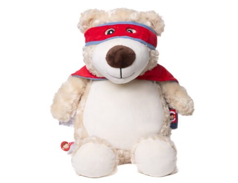 Doudou ours super héros personnalisé avec prénom date de naissance poids et taille